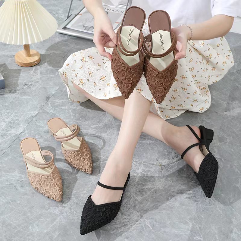 Thick Heel Sandals Pointed Chunky Low Heel Shoes