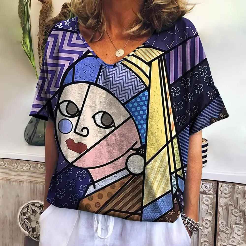 Vintage Abstract Face T Shirt For Women Streetwear Daily Tops