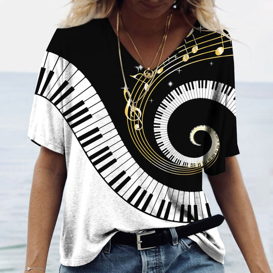 Music Piano Women Shirt V-neck Oversized Pullover