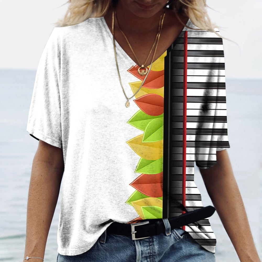 Music Piano Women Shirt V-neck Oversized Pullover