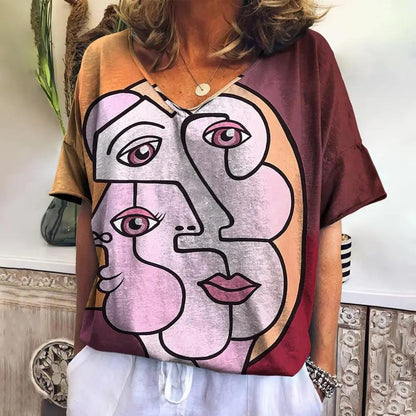 Vintage Abstract Face T Shirt For Women Streetwear Daily Tops