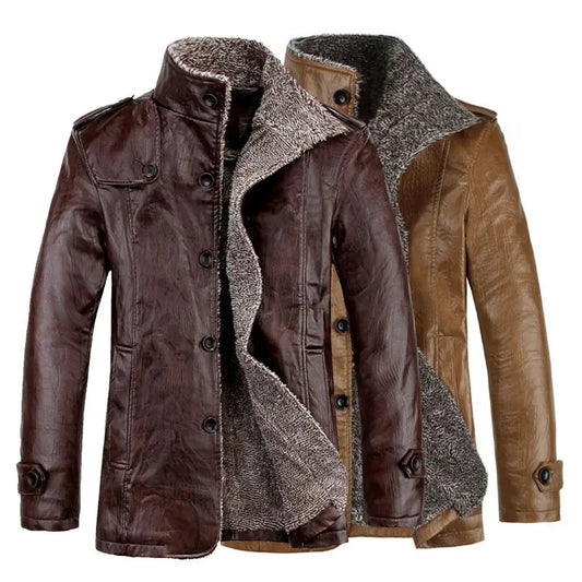 Men Coat Plush Faux Leather Winter Jacket for Daily Wear