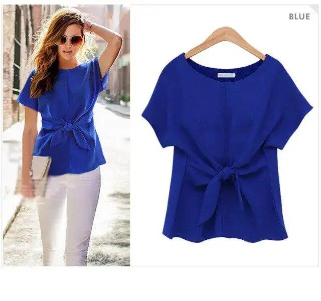 fashion women kimono bowknot blouses O-neck short sleeve casual vintag