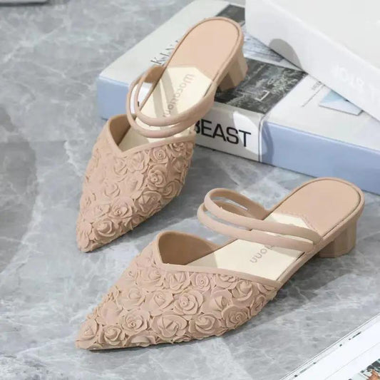 Thick Heel Sandals Pointed Chunky Low Heel Shoes