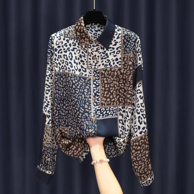 Elegant Style Satin Shirt Leopard Print Shirt Women's Patchwork Top Casual Polo