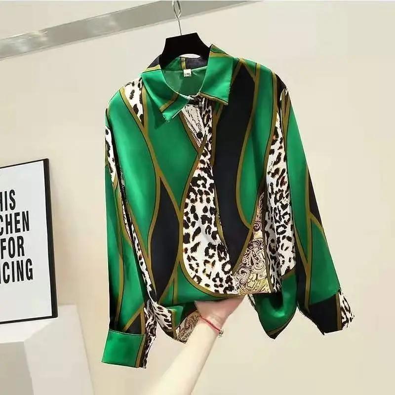 Elegant Style Satin Shirt Leopard Print Shirt Women's Patchwork Top Casual Polo