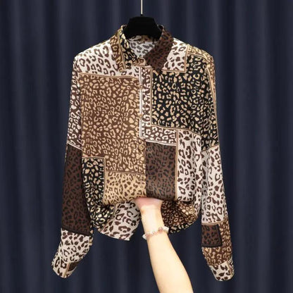 Elegant Style Satin Shirt Leopard Print Shirt Women's Patchwork Top Casual Polo